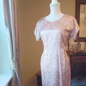 1950s Pink Satin Evening Cocktail Dress Silver Embroidery "Champagne Lady"